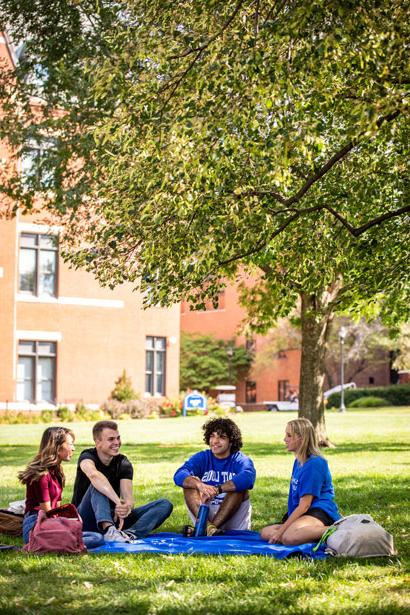 A group of four students sitting on a picnic blanket in a grassy area of 博彩网址大全's campus